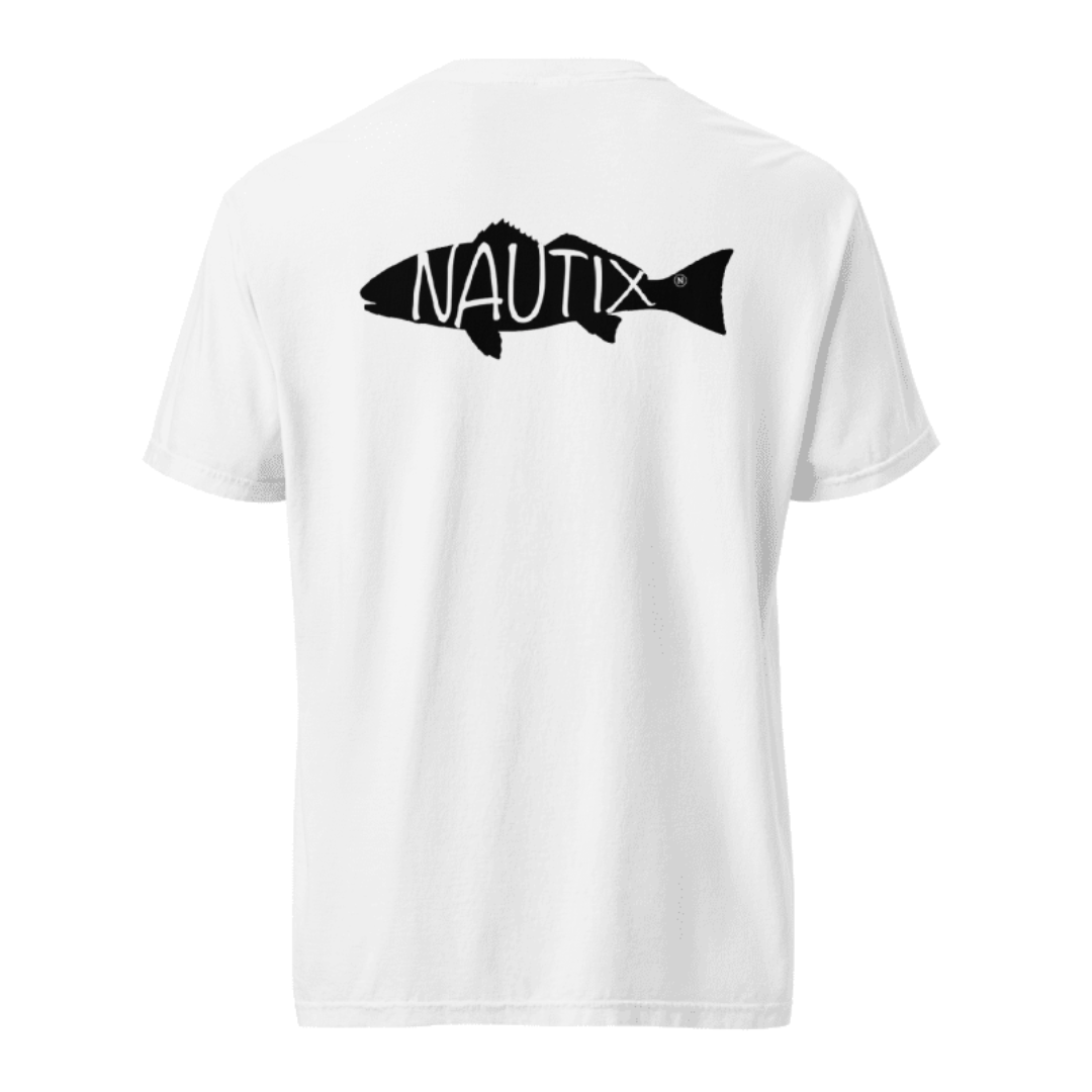 White cotton t-shirt with black fish graphic and Nautix logo on back