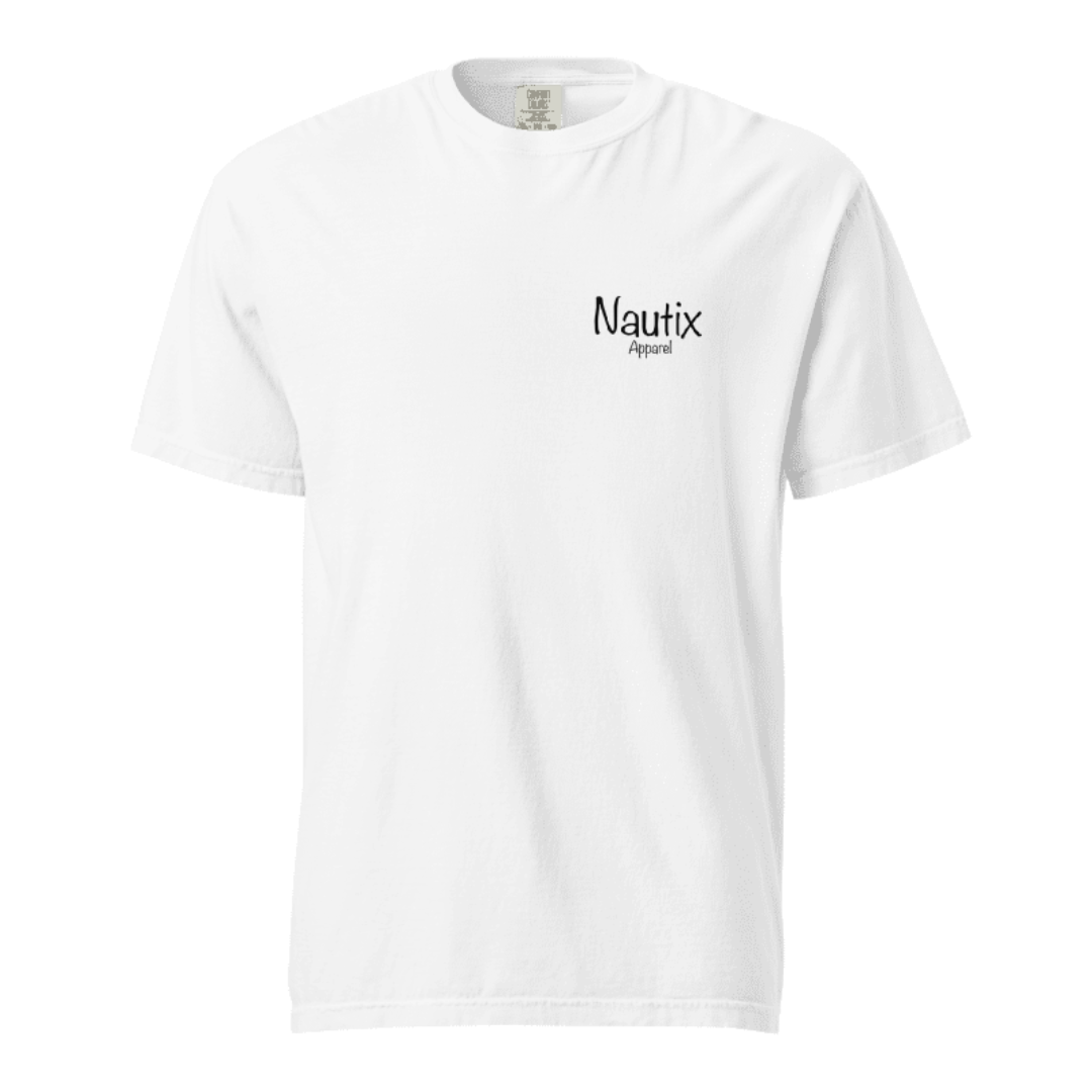 White Backwater Cotton Tee with small Nautix logo on front left chest
