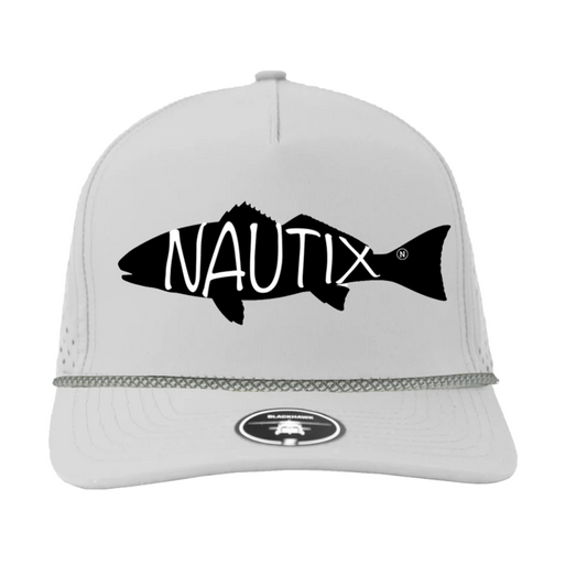 Front of Backwater Snapback hat featuring Nautix black fish logo on white hat 