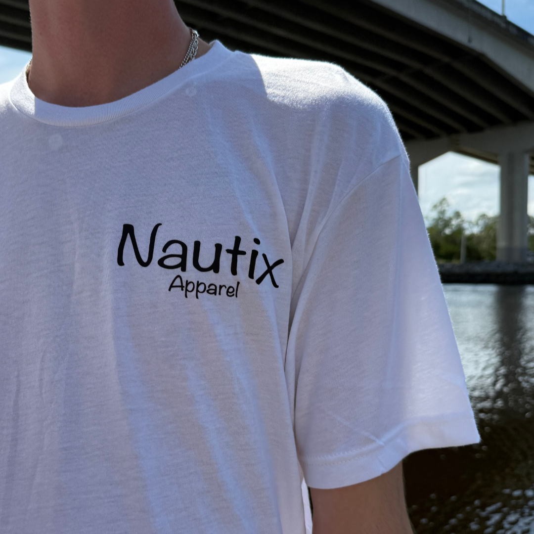 Front left chest Nautix logo printed on white Backwater Cotton Tee