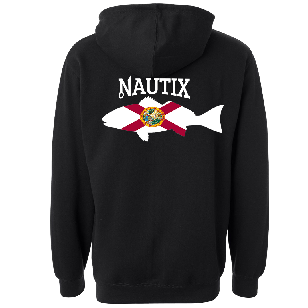 Saltstate hoodie back graphic with Florida-inspired Nautix logo
