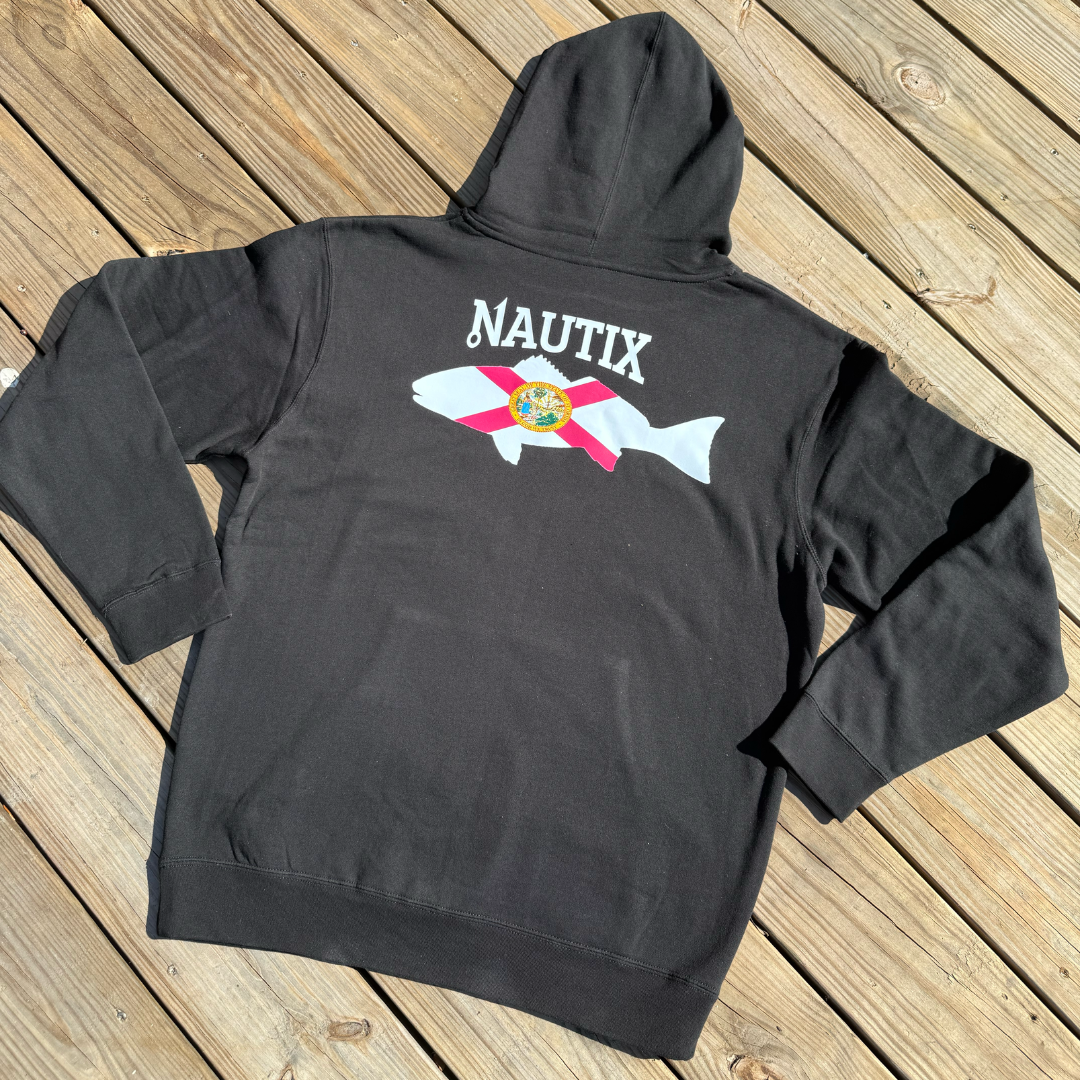 Back of black hoodie with Nautix Florida inspired fish logo 