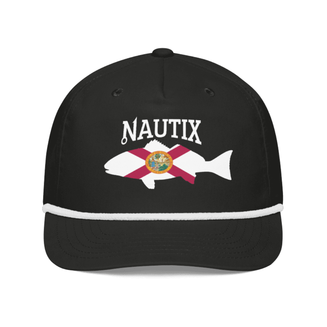 Black Saltstate snapback hat with Florida flag–inspired Nautix logo on front