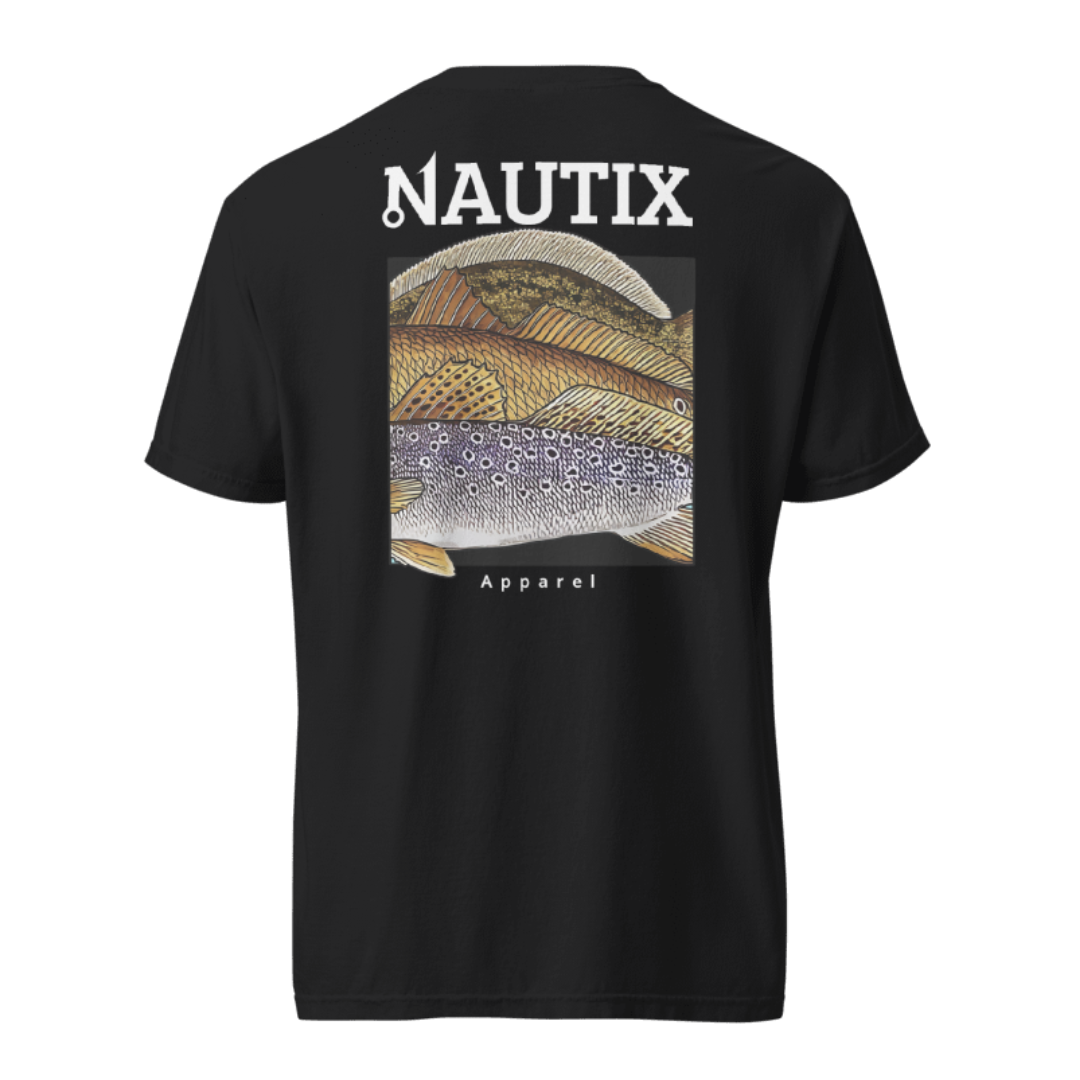 Black t-shirt with Slam Art design featuring redfish, trout, and flounder on back