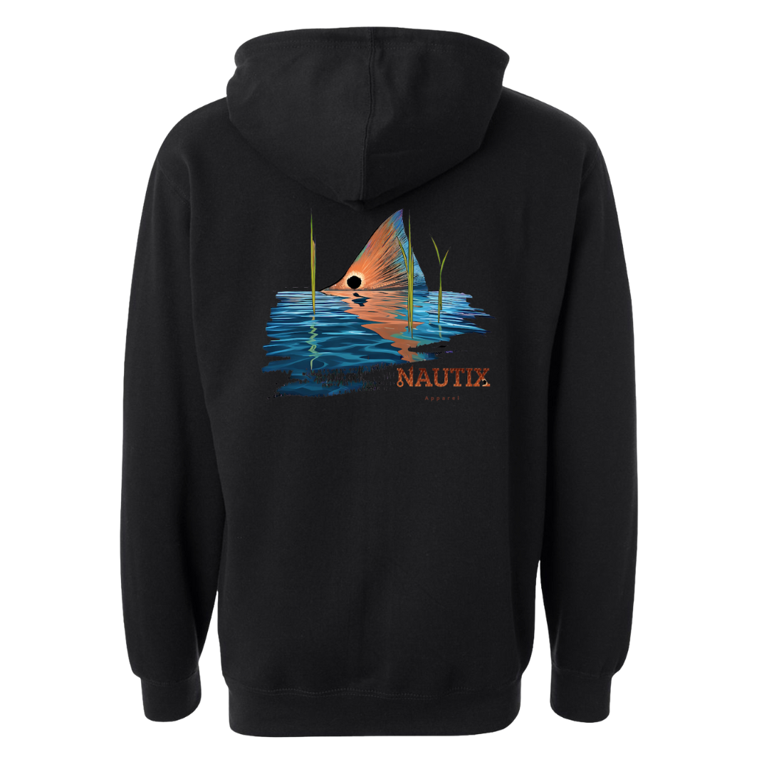 Black hoodie with large Tailing Red redfish artwork on back