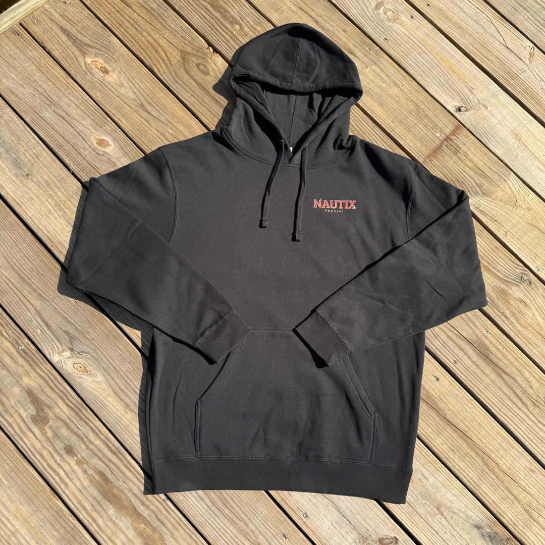 front of black hoodie with orange nautix fish logo
