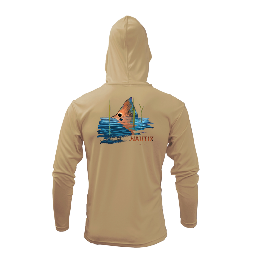 Sand performance hoodie with Tailing Red redfish sunset-style artwork on back