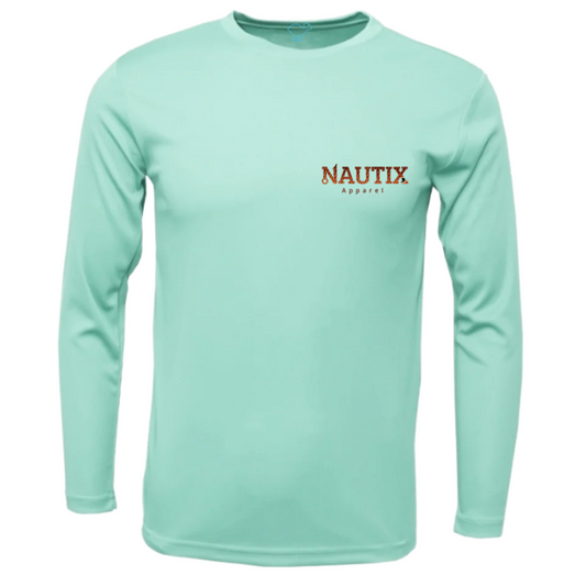 Blue performance tee with Nautix logo featuring fish-scale detailing on front